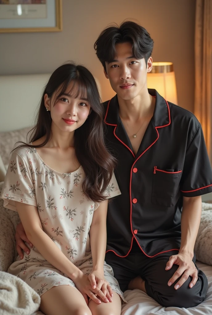 (male and female couple, ,same height,two college students,Different hairstyles), (28 years old), (bedroom), Film texture, Japanese movies,realism,real human, Beautiful light and shadow., blurred background, Long eyelashes,Totally naked,naked,Double eyelids, handsome,youthfulness,refreshing,Asian people,I'm a shy person.,smile,Big eyes,embrace,paw,Hot and sexual demeanor,round eyes,full body shot
