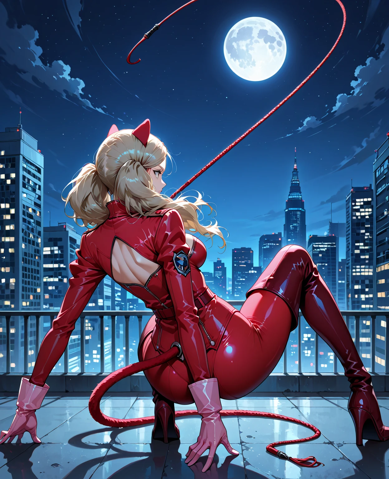 ((Master quality, 8K, masterpiece:1.3, ultra-detailed, high resolution, RAW Photos, detailed Realistic background, cinematic lighting)), Actual, Realistic, photo, HDR, BREAK, detailed eyes, perfect anatomy, perfect hands, perfect legs, BREAK, One person alone, dsann(persona 5), beautiful face, (open stance, posing sexy), blonde twin pigtails hair, ( Round and Stacked Breasts ), Cleavage, Slim waist, smile:1.5, Sweat-soaked skin, BREAK, wearing( dspanther, red latex bodysuit and Cat tail, Cat Ears Domino Mask), , Graffiti art, BREAK, ( Random Angle, full-body, ), dynamic angle, , outdoor, casino, Night ,light sparkles