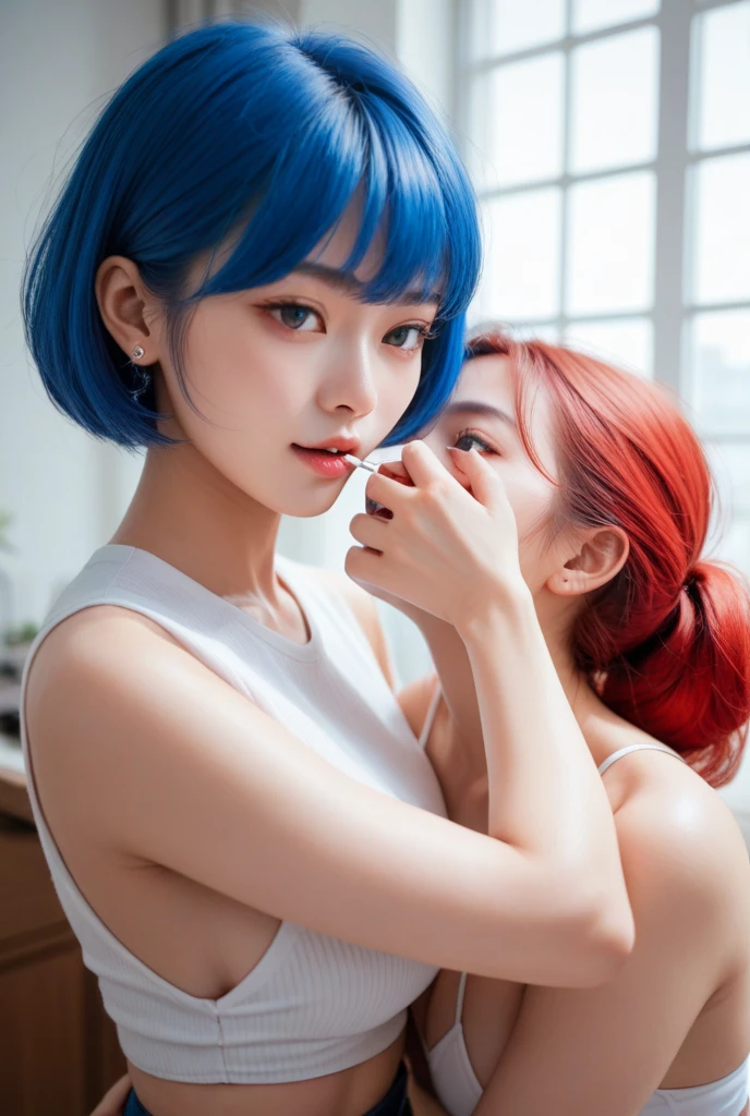 Professional photography, 16K, ultra realistic, super detailed, high resolution, best quality, head: 1.3, (Korean K-pop idol), pale-cyan hair, short hair, pale-white skin, illuminated skin, realistic shading, realistic textures, sharp focus, ( cinema lighting), clavicle, Morning, soft light, dream aesthetic, dream atmosphere, dynamic angle, [: (face detail:1.2):0.2], natural big breasts, tight slit, red dress, hot slim, mid-chest, cleavage, body whole, blurred background, different positions in various types of angles. 