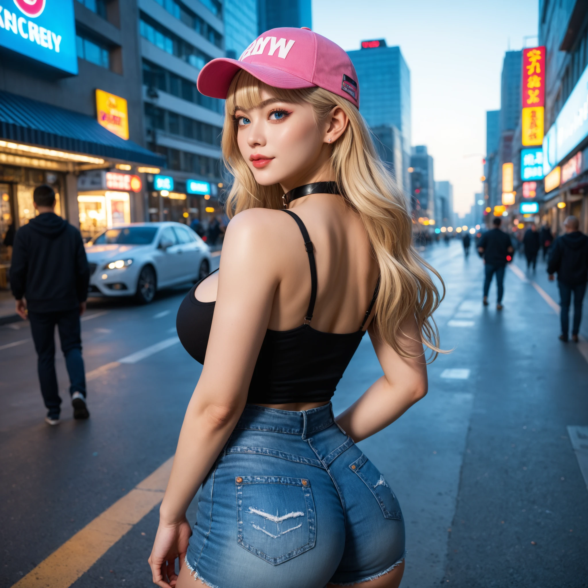 1girl, Blue eyes, (smile), mini denim shorts, (Sana Minatozaki), wide hips, Big , (big ass :1.1), (Best Quality, 8k, Masterpiece: 1.3), perfect hands, Clear Focus: 1.2, Perfect Body Beauty: 1.4, strong abs :1.2, Highly detailed face and skin texture, detailed eyes, double eyelids, red lips, (blonde long hair :1.2), (white cleavage t-shirt), bent over showing her ass, view from back, on the streets of miami beach, beach in the background