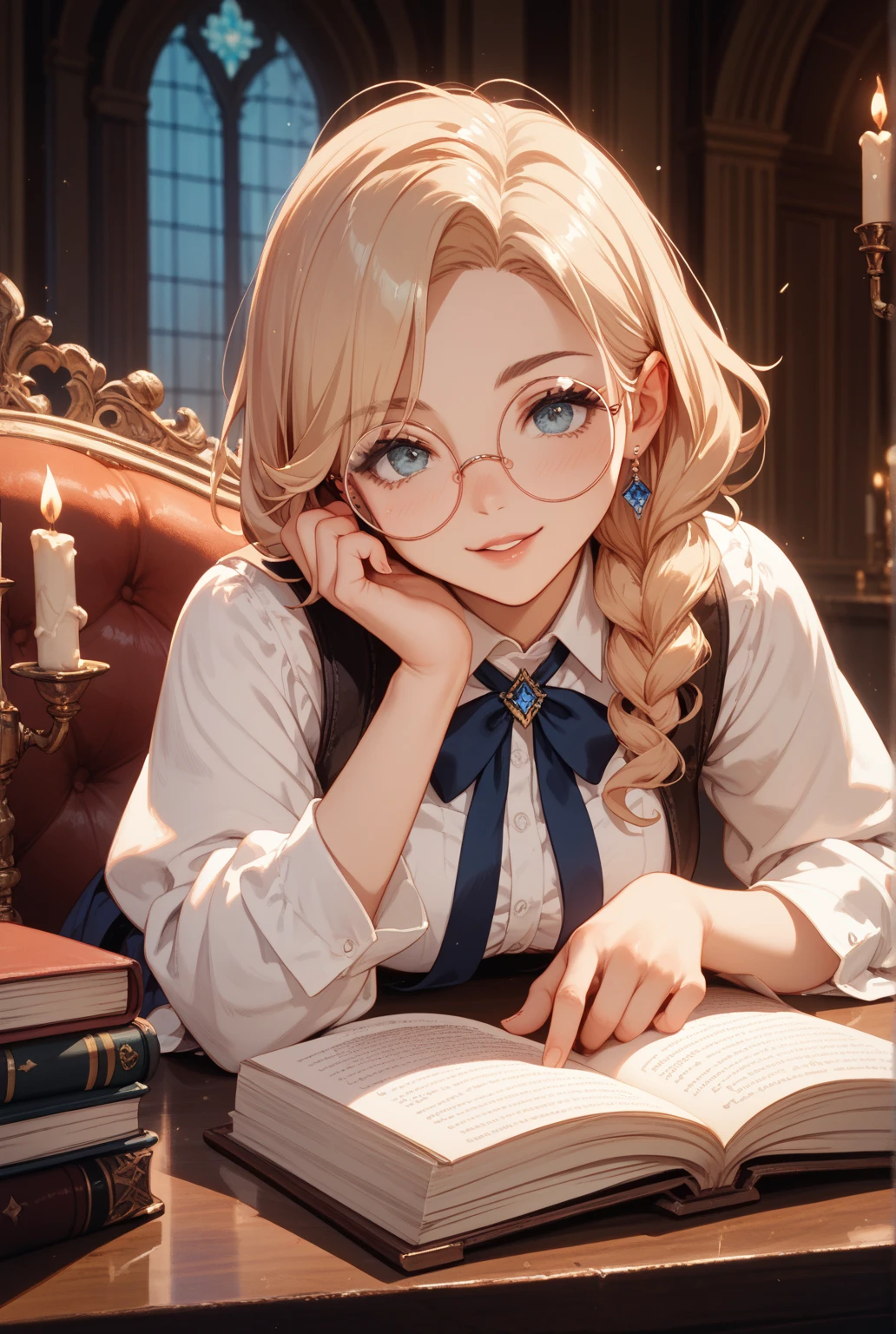 Solitary, 1 Girl, masterpiece, best quality, Extremely detailed, Movie Lighting, Intricate details, high resolution, Official Art, Delicate and beautiful face and eyes, high resolution插图, 8K, Dark, intense shadows, Overexposure, [Blonde Hair/Brown hair], Single Braid, blue eyes, Glasses, smug, sit on the chair, Upper Body, Large Breasts, White shirt, Suspenders, Book_heap, 图Book馆, ((vine)), Rose, Looking at the audience