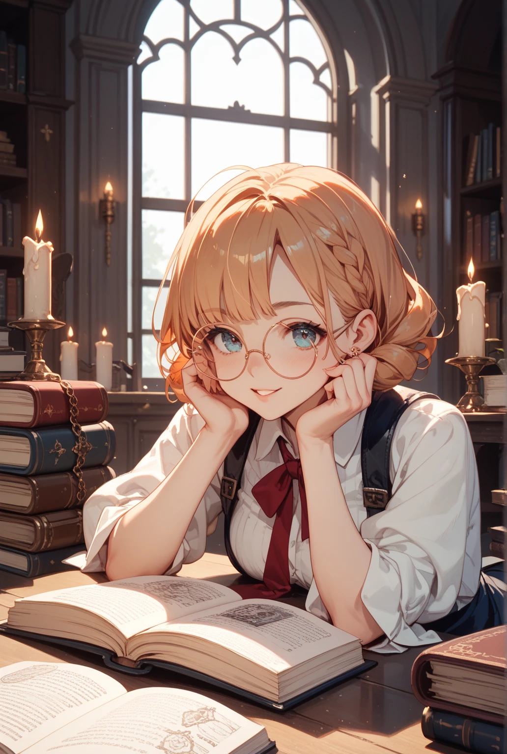 As night fell, she opened a book in her room. At that moment, a mysterious light emitted from the book, enveloping Emily. Emily is a 13-year-old French girl. She lives in a small town in France and has wavy short-cut hair mixed with brown and blonde, straight bangs, bespectacled beauty, small breasts, fond of camisoles. I like brown frame glasses.