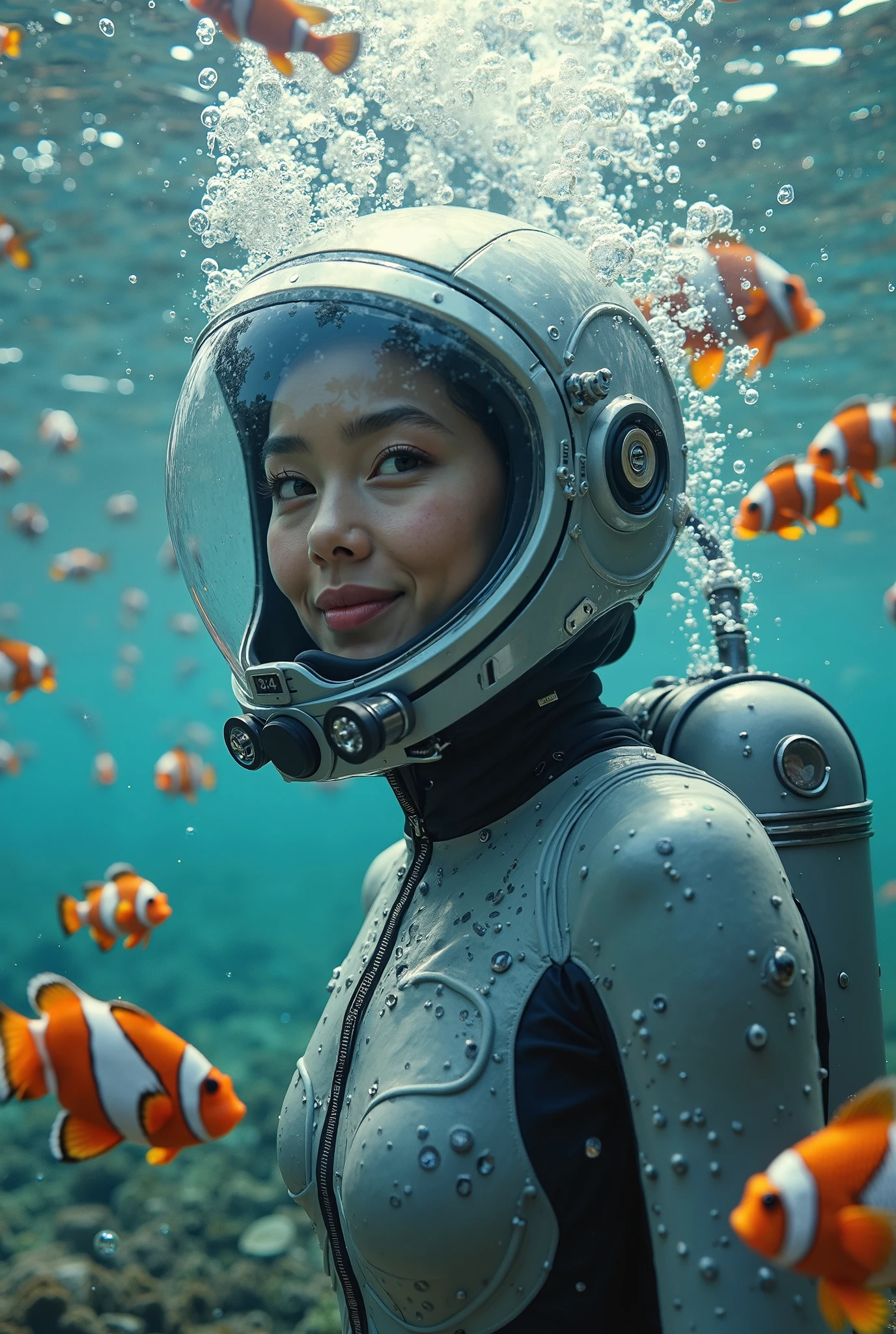 “A real 4 year old  curiously explores an alien planet with vibrant chrome vegetation, the  looks at the camera with a cheerful expression, her face is clearly visible. The surreal landscapes and flora create a stunning juxtaposition in a space age paradise.