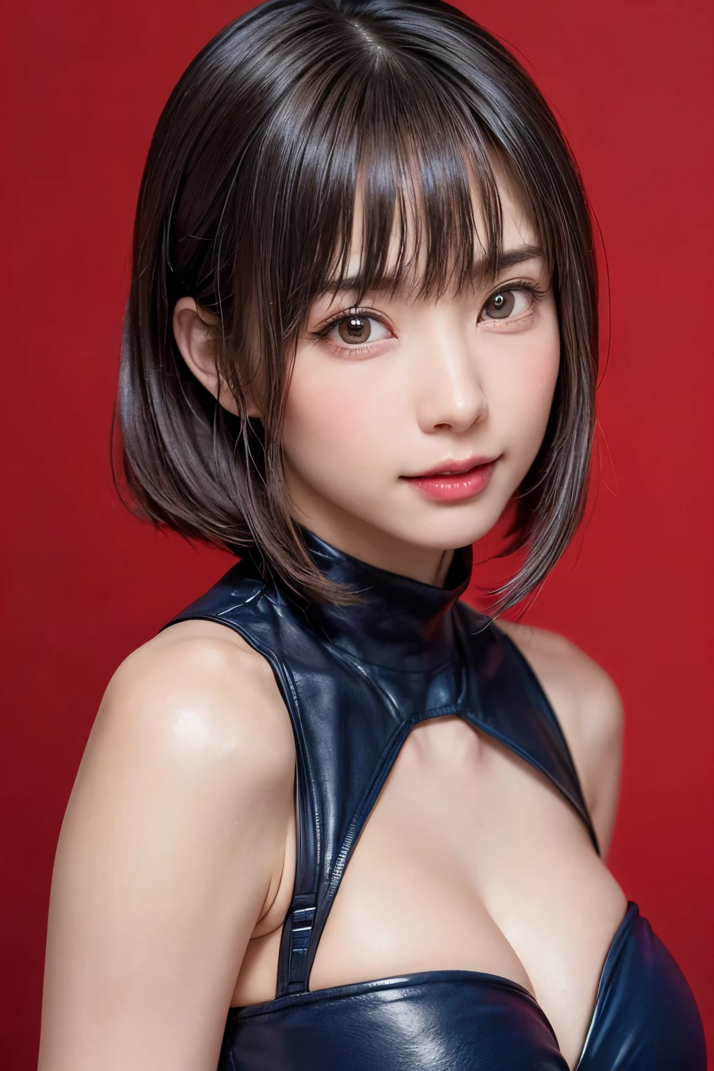 Woman in light blue leotard poses for photo, Light blue light on、Smooth light blue skin, Light blue body, Cute girl in shiny light blue suit、Light blue background, Neck choker, gargantilha, (((small tit、flat boobs、small tit、small tits))), (Shiny skin:1.5), , latex shiny, Wearing a latex costume, wearing tight suit, Top quality glossy metallic glossy skin、masterpiece、超A high resolution、(Photorealsitic:1.4)、Raw photo、女の子1人、Black hair、glowy skin、1 Mechanical Girl、((super realistic details))、portlate、globalillumination、Shadow、octan render、8K、ultrasharp、metals、Details of complex ornaments、Japan details、highly intricate detail、、CGSoation Trends、glowing brown eyes、Facing the camera、neon details、Mechanical limbs、blood vessels connected to tubes、Mechanical vertebrae attached to the back、mechanical cervical attaching to neck、sitting on、Wires and cables connecting to the head、Gundam、Small LED lamp、(1girl eyes looking at viewer:1.55), (Medium Hair, brown haired, parted hair:1.45), (Bokeh), 8 girl
