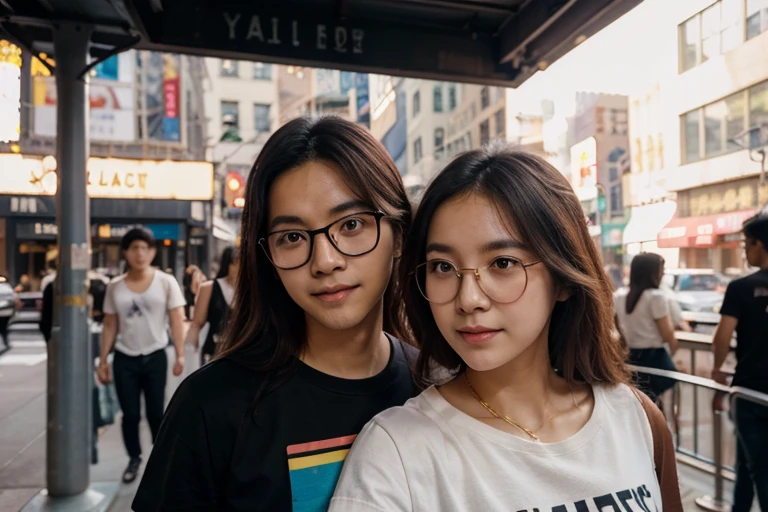 Very young female and a teen male,half chinese, small slit-eyed, glasses, black hair, flawless white skin, long hair, photorealistic, best quality, hyper detailed, middle school student, beautiful woman, selfie photo, upper body, duo, wearing black clothes, at city street, midnight photo, without makeup, school (cheerful, happy), looking at viewer, skin texture, film grain, close up, ultra high res, best shadow, RAW, instagram LUT, the photo with a friend, the friend is a young male chinese wearing suit