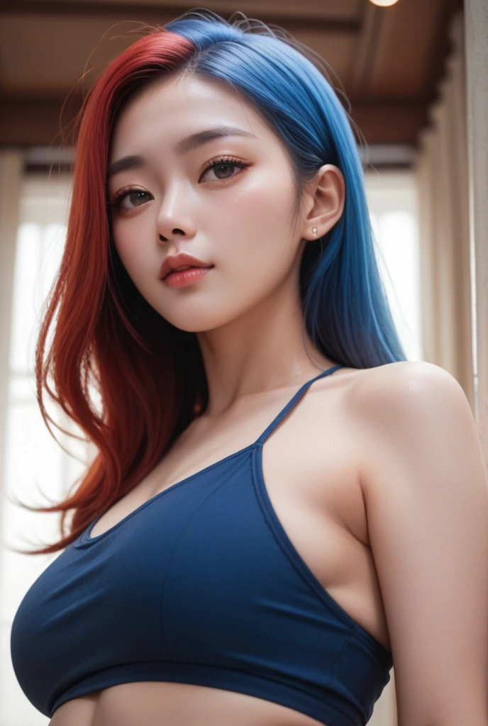 (((sfw:1.5)))、((Near the huge summer pool)), Real、8k、 ((Anatomically correct)), 18-year-old、1 female、Huge upper chest、Big cleavage、round face、Baby Face、Cute Smile、Sunburn、 A close-up of her face:0.6, Top quality soft lighting,Blue hair color、 ((realistic perfectly round brown_eye:1.3、Big Eyes、Dripping eye)), (Light tan complexion), ((Detailed pupils:1.4)), (Perfect Makeup:1.3), (Symmetrical lips:1.3)),(Bright shiny red_lipstick:1.35), ((Blue eyelashes: 1.17)), (Very detailed, Beautiful little nose:1.2), (Perfect composition), ((Sunburned skin:1.28)), ((Oily skin)), ((The blackYshirt, The blackチューブトップブラジャー) , The background is simple and blue, The gaze is directed downwards at a low angle、 (((Anatomically correct)))、(Perfect Body Proportions)、(Natural Hands、Natural Fingers、Natural Legs)