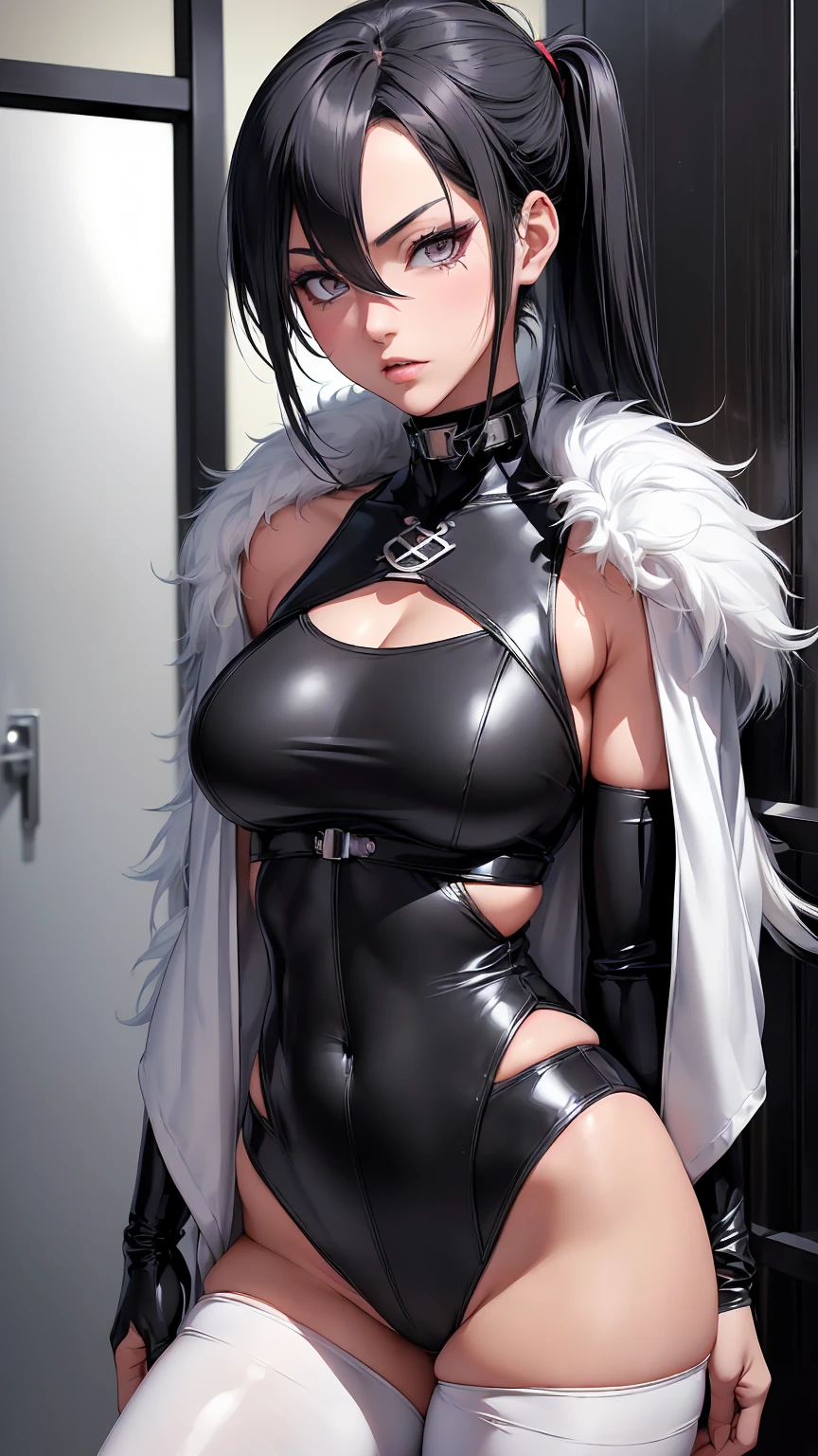 Furry art, goth wolf furry woman with a thick build, human face, shiny skin, sweat on skin, micro bikini, blue eyes, long messy black emo hair, thick thighs, low hanging boobs, in 8K resolution, with dynamic lighting and highly detailed face and eyes.