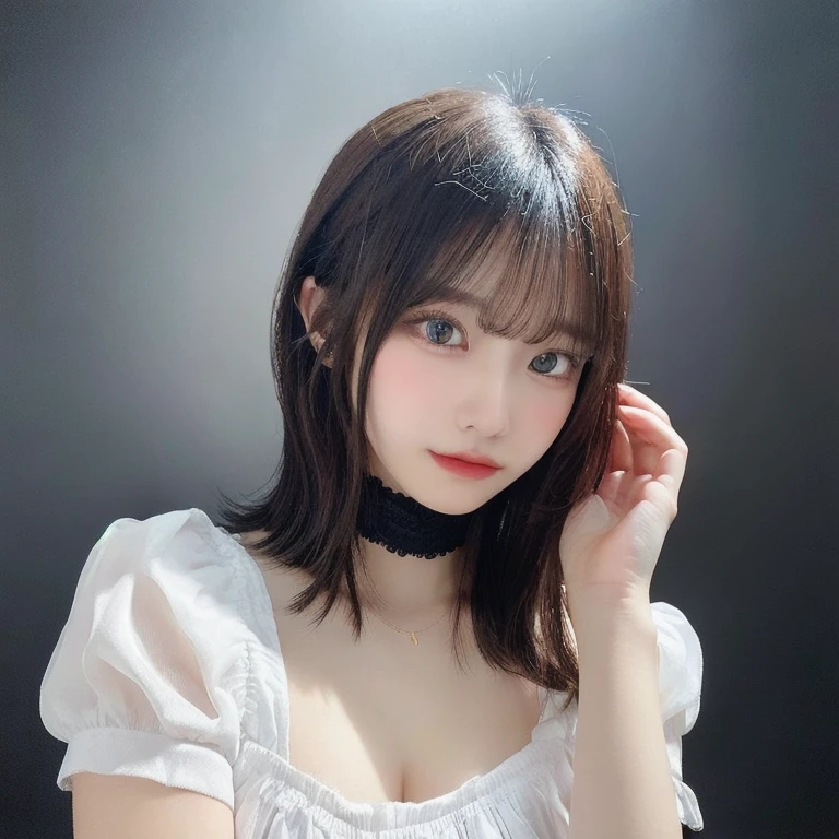 Brown Bob, (RAW Photos, Photorealism), (Very dark lip gloss, jet black lipstick, Lots of eyelashes, jet black eyeshadow, Watery eye, cry, anger, high quality, High resolution, Depth of written boundary, chromatic aberration, Natural Color, Caustics, Midnight, dark, Japan, woman,), necklace, 独身woman, choker, Earrings, bracelet, Soft Big, White blouse, Good style, Slim figure, Clearly visible hints, whole body, barefoot, See-through bra, The body line is very sexy, Spread your legs wide, Protruding, On duty, office worker, Very exposed skin, the tip is clearly visible, The areola is visible, The genitals are clearly visible, Spread your legs wide