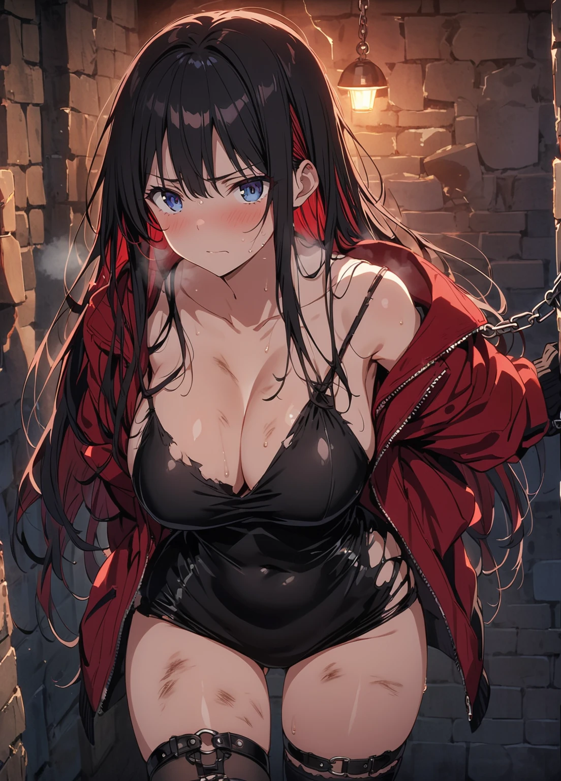 1girl, shirase sakuya, high ponytail, long hair, blush, lipstick, long hair, Hot girl, baddie, staring, glaring, bad attitude, mean girl, crazy, smoking, mall, shopping center,indoors, smile, masterpiece,high quality,4k, bare shoulder,belly,crop top,holding pistol,cleavage,shirt, knot,, smile , evil expression, exposed belly, exposed navel, exposed midriff, exposed lower belly, crop top overhang, underboob,jacket, unbuttoned jeans , low rise black jeans, Low rise jeans, Low rise jeans with open fly, (nsfw) not safe for work, navel piercing
