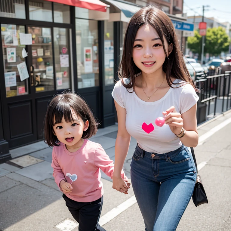 (Best quality, masterpiece, perfect face 1.2), little boy being carried by his mom in her arms, arms wrapped around neck, hands on chest, smiling, eyes half closed, "little boy wearing red and white shortom wearing a red and black checkered skirt", white shirt, on the streets, 1mom, 1child, 1boy,