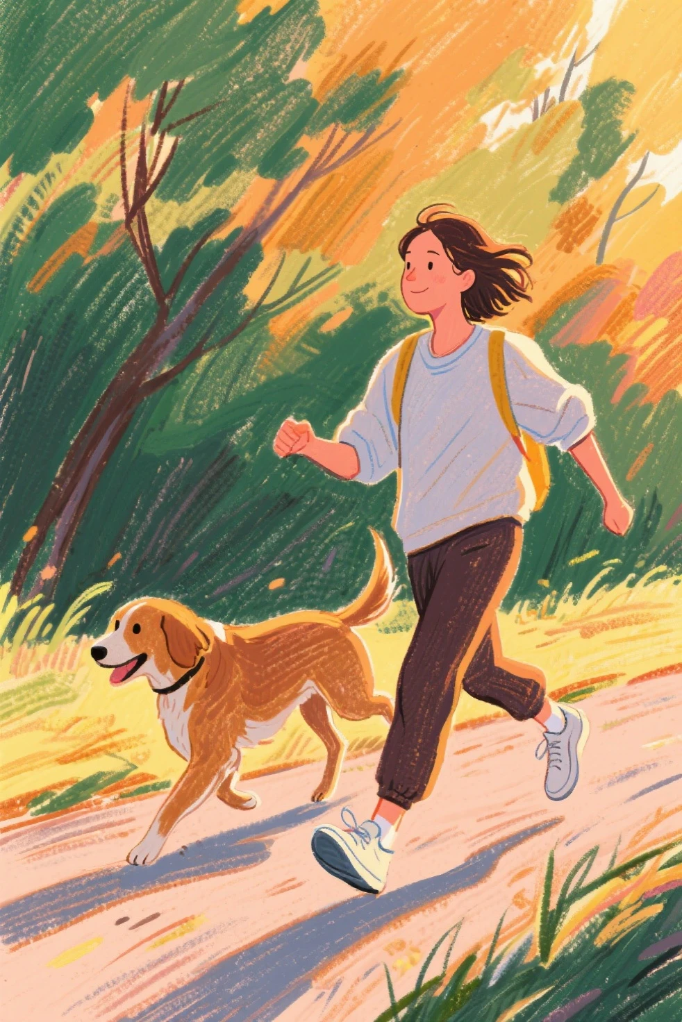 <lora:children huiben11-20231007-000006:0.75>,children's picture books,crayon paintings,white background,simple background,
A girl is walking her dog, facing the camera, slowly approaching, with high definition and quality,
