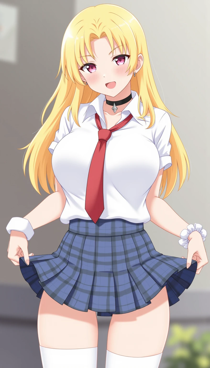 (Highest quality、Masterpiece、Very detailed、4K)、One Woman、、Big Breasts、(school uniform)、skirt、blazer、(standing split)