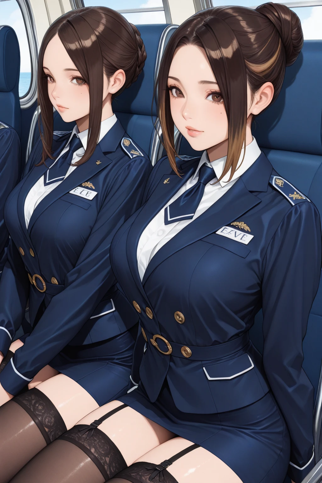five sexy women looking at camera, flirtatious smiles, on bed, navy outfits, portrait