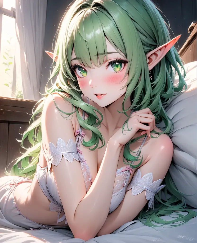 Create a high-quality, detailed image of a beautiful anime goblin girl with light green skin, HER SKIN COLOR IS GREEN, and long hair, sitting at her gaming PC in her bedroom. She is wearing a see-through tank top, along with sleep shorts that reveal her midriff and highlight her stunning curves. The warm, inviting scene includes soft ambient lighting and comfortable seating. The bedroom is illuminated by a small lamp, creating a serene and intimate atmosphere. Ensure the room has cozy elements like a bed with plush pillows and blankets, posters on the walls, and a few gaming accessories scattered around to enhance the ambiance. The goblin girl is relaxed, immersed in her gaming setup, which adds a playful and comfortable vibe to the scene.