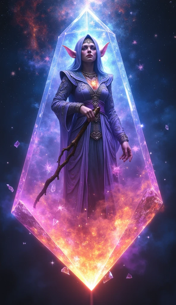 estilo fantasia, designe ethereal, magica, alta qualidade, beleza surreal, uma feiticeira extremamente bela, com ((longos cabelos roxos escuros)), corpo inteiro, perfil, The sorceress emanates her power in a powerful magical aura, de lindo vestido cintilante, Making magic in your magical cauldron, The setting is a cave of crystals, The ceiling of the cave is a portal to the starry sky, estilo: feiticeira deusa celta Cerridwen --auto
