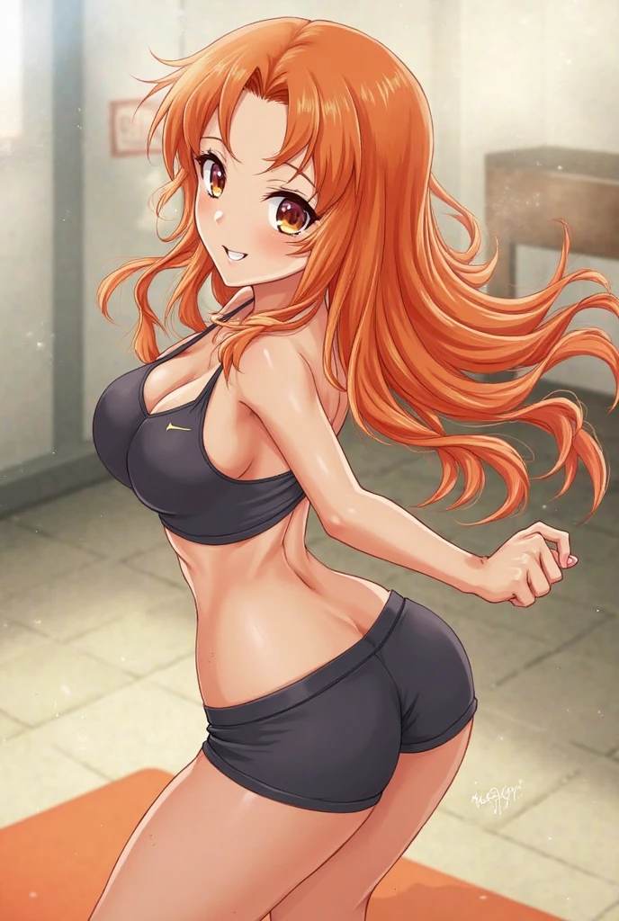 highest quality、All limbs、full finger、((one beautiful woman))、Beautiful busty woman、(((Twin-tailed female:1.3)))、long hair、((orange hair woman)))、big smile、(((orange sports bra:1.3)))、(((Orange high-leg leotard panties that cover your stomach:1.3)))、Living room at home、sexy pose、Kneeling
