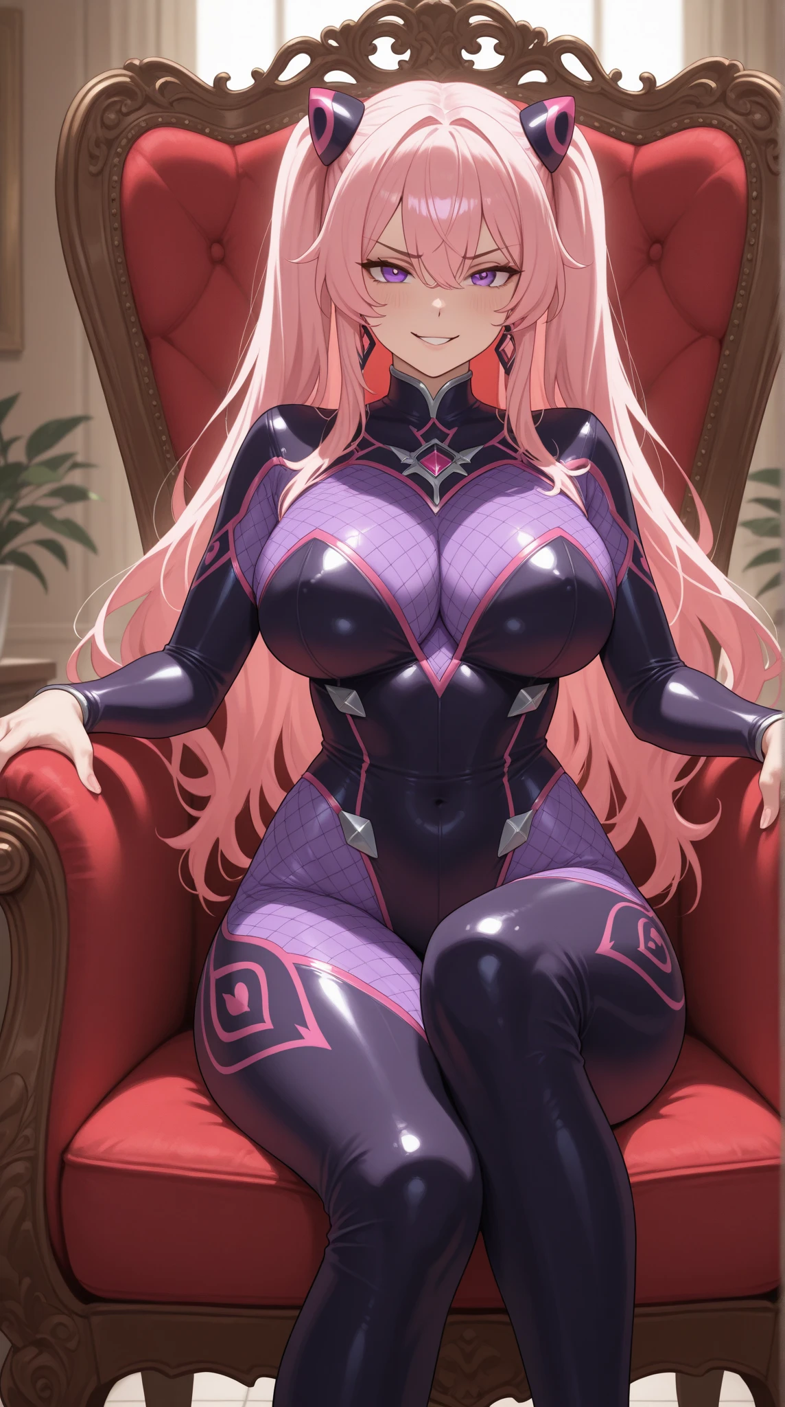 (Takeda hiromitsu style:1.2), (lady Nagant:1.2) (from my hero academia), (purple hair:1.1), anime cel style, highest quality, high resolution, blush, (embarrassing), smile, (pink latex suit:1.1), (revealing clothes:1.1), the whole (body is sweating:1.1), (Ｏ feet:1.1), ahegao, long blonde hair, amazon position, (detailed face and eyes:1.2), (perfect anatomy), (round breasts), (bubble butt), (wide hips:1.1), (slim waist:1.1), (thick thighs:1.1), (detailed background), (perfect nails:1.1), (detailed hand and finger:1.2), (medium breasts:1.2), (busty), (deep cleavage:1.2), (labia outline:1.3), (hard teat:1.3).