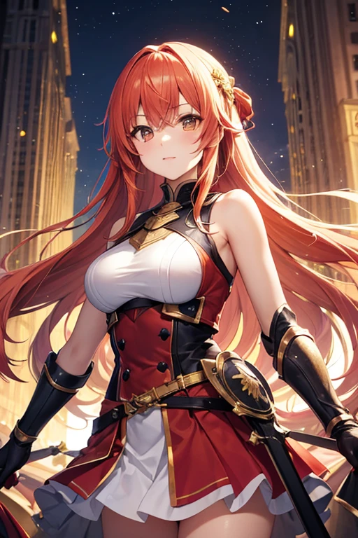 (RAW Photos, Best Quality), (animesque: 1.2), Portrait of an 18 year old woman with red hair, Red eyes, (sparkling pupils), Female Knights in Fantasy Worlds, Black Dress Armor, Navel is visible, Smiling smile, Composition looking into this, Full night sky background, Background blur, The depth of field is shallow, Professional Lighting, Photon mapping, Physically Based Rendering,