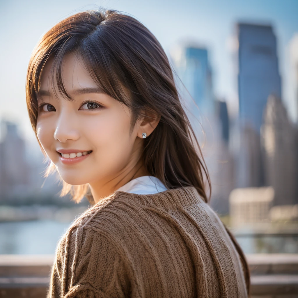A woman holds a brown bag, puts her hands on her chest, puts her arms around her neck, smiles at the camera, happy, natural, street corner, the background is a patchwork of buildings and lights, and the foreground is a building with a sense of depth