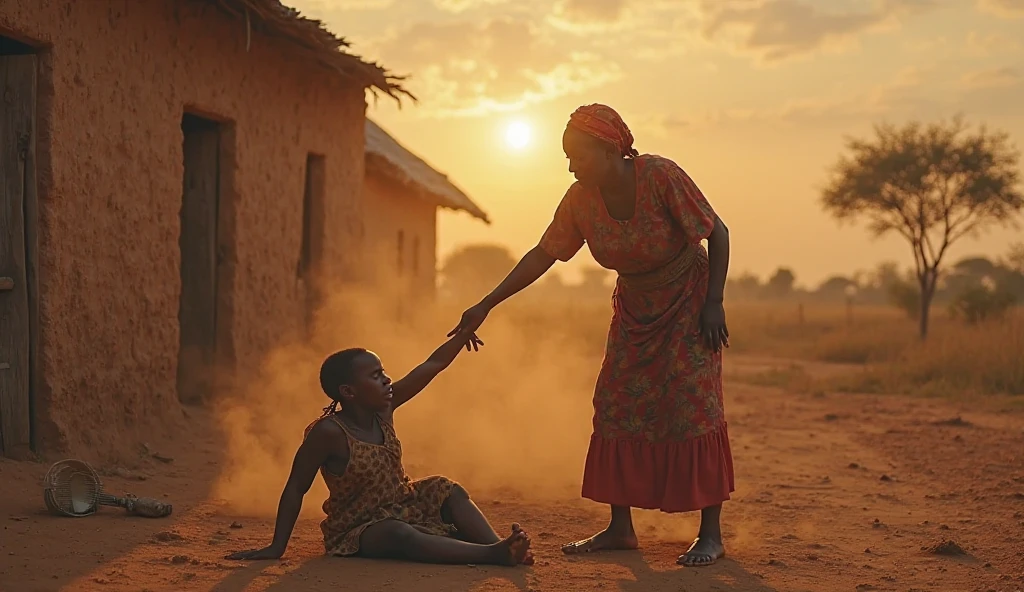 An image of an African young adult girl shouting at an old African woman shouting in a text "stupid old hag" with an angry expression on the girl's face with the woman laying on the ground crying she has white hair realistic 3d image illustration photo realistic in a village setting