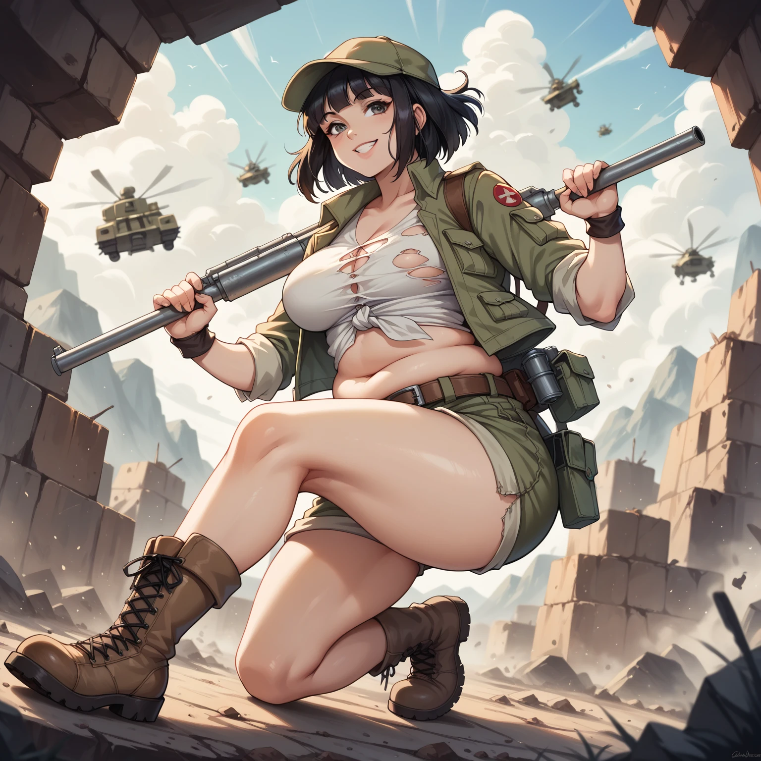 girl, braided black hair, war helmet, silver necklace with cross pendant, mechanic glove on left hand, faded red, low-cut white top, red panties, arms and legs with scars and dirt stains, shotgun in right hand, image style cyberpunk