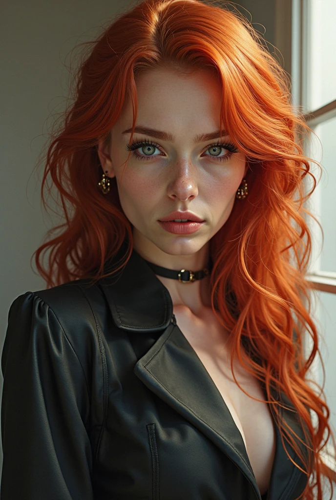 a woman with red hair, hyper-realistic skin, shiny/glossy, modern jewelry, gongbi, portraiture, dark teal and light gold, tropical landscapes, Face portrait photo oF a 21 Year-old German woman, .raw, beautiFul woman, half strawberry lips, strawberry lipstick, Fossettes, big breast, realistic legs, high heels, nostalgic look, detailed light brown eyes, great student, thin eyelashes, (Brown extra long blond hair), ((detailed Face)), ((detailed Facial Features and skin texture)), (Finely detailed skin), light brown skin, (Deep neckline detailing high-tech cyberpunk dress), Cyberpunk big city environment, (cold colors), moist, moist, reFlections, (masterpiece) (height ratio / perfect width) (photo realist) (best quality) (detailed) Shot with Canon EOS R5, ObjectiF 50mm, F/2.8, human development report, (8k) (wallpaper) (light) (Dramatic Light) (sharp focus) (complicated), sharp details, skin detail sharpness, 