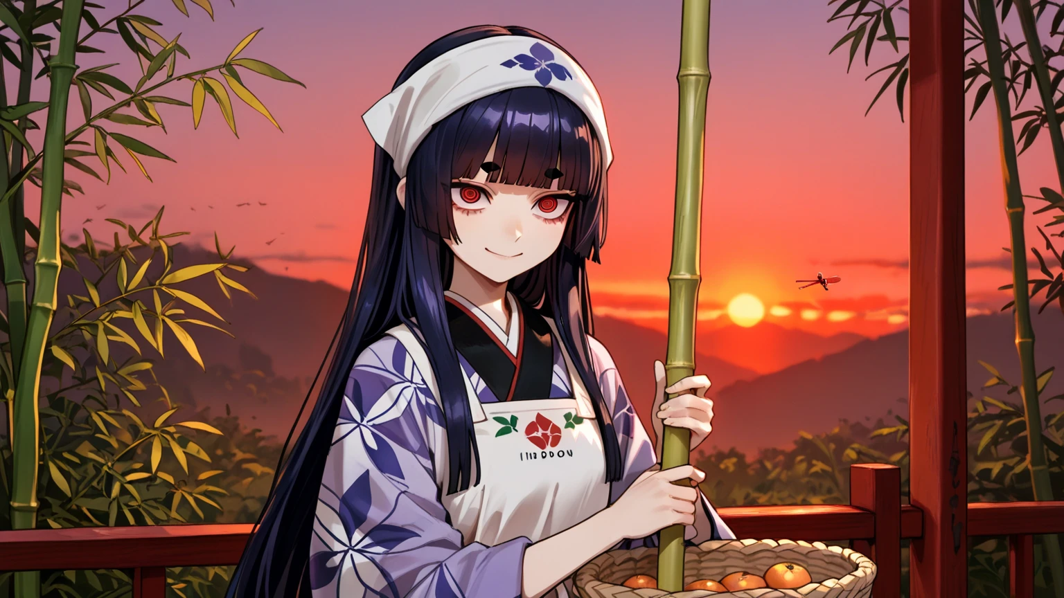 ((best quality)), ((masterpiece)), (detailed), perfect face, red toadstool hat, 1girl, high res, looking at viewer, wearing a long black kimono, masterpiece, sfw, long navy blue hair, light red eyes, red moon background, mushrooms, spider lilies