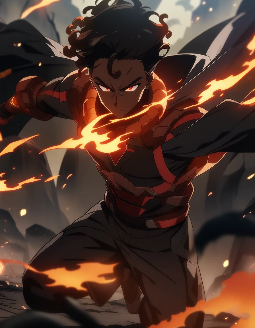 Create a character with long hair, from the back with a large black cape A katana on fire Eyes coming out of rays Black clothing with red stripes A scar on the arm A somewhat muscular body Acting like a swordsman In a destroyed city