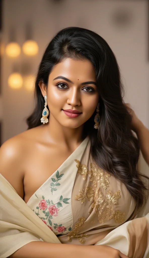 Looks like Anushka Shetty, Nsfw, woman in a gold sari sitting at a table, traditional beauty, traditional makeup, mallu aunty, mallu Beauty, mallu actress, movie stills photography, photo taken with nikon d750, photo taken with nikon d 7 5 0, wearing gold jewellery, photo of a beautiful woman, taken with sony alpha 9, sexy girl with dark complexion, shot with sony alpha 1 camera, very attractive and beautiful