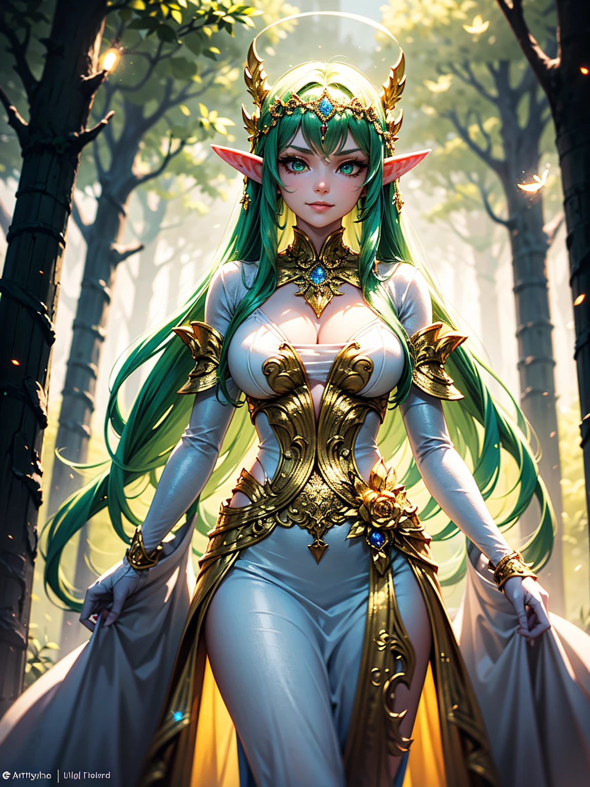 Beauty elf (((green hair))) in golgen armor with hero cape