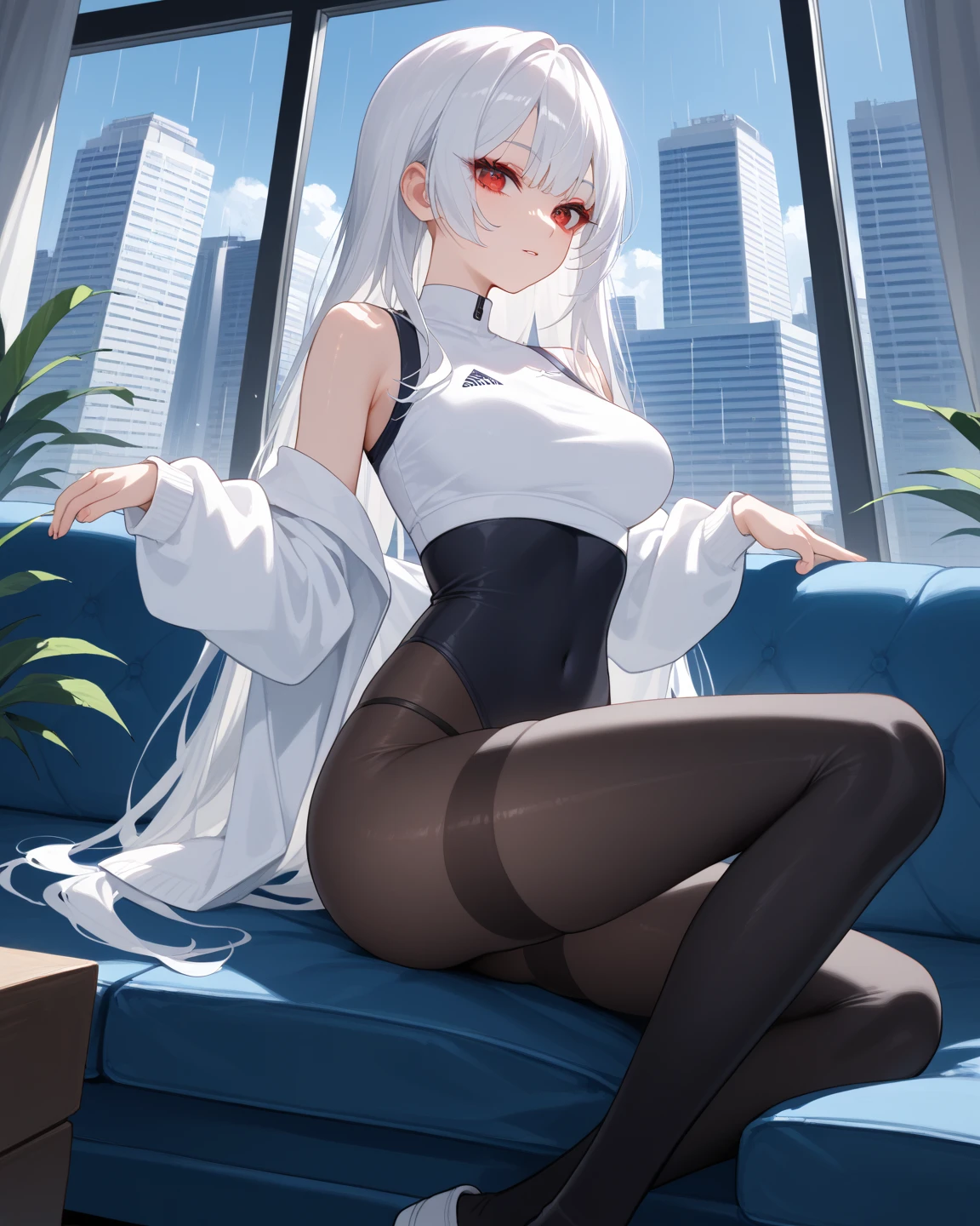 masterpiece, best quality,white hair, 1girl,red eyes,medium_breasts,cold expression,no shoes,white T-shirt,sky and clouds,french window,in hotel,long hair,standing,pantyhose,black legwear,elf