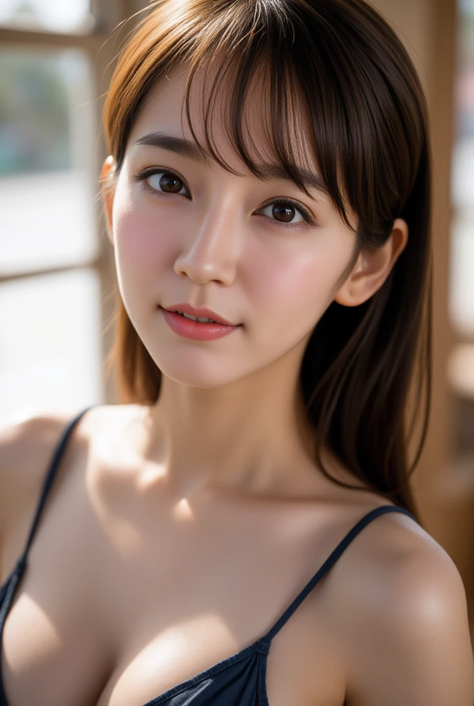 lens: 135mm f1.8,(Highest quality),(Tabletop:1.1), (Beautiful 14 year old Japanese girl), (Moist lips), Narrow eyes, double eyelid,Delicate clavicle,Flat Chest,Shortcuts,
(Let me'Let's take another look), (close:1.4), shame, A faint smile,
(Spotted sunlight:1.2), Dramatic lighting,
(White camisole), (Sunburned skin:0.2),Full body photo、Tight waist、extremely small breasts、Ungrown breasts、Flat chest