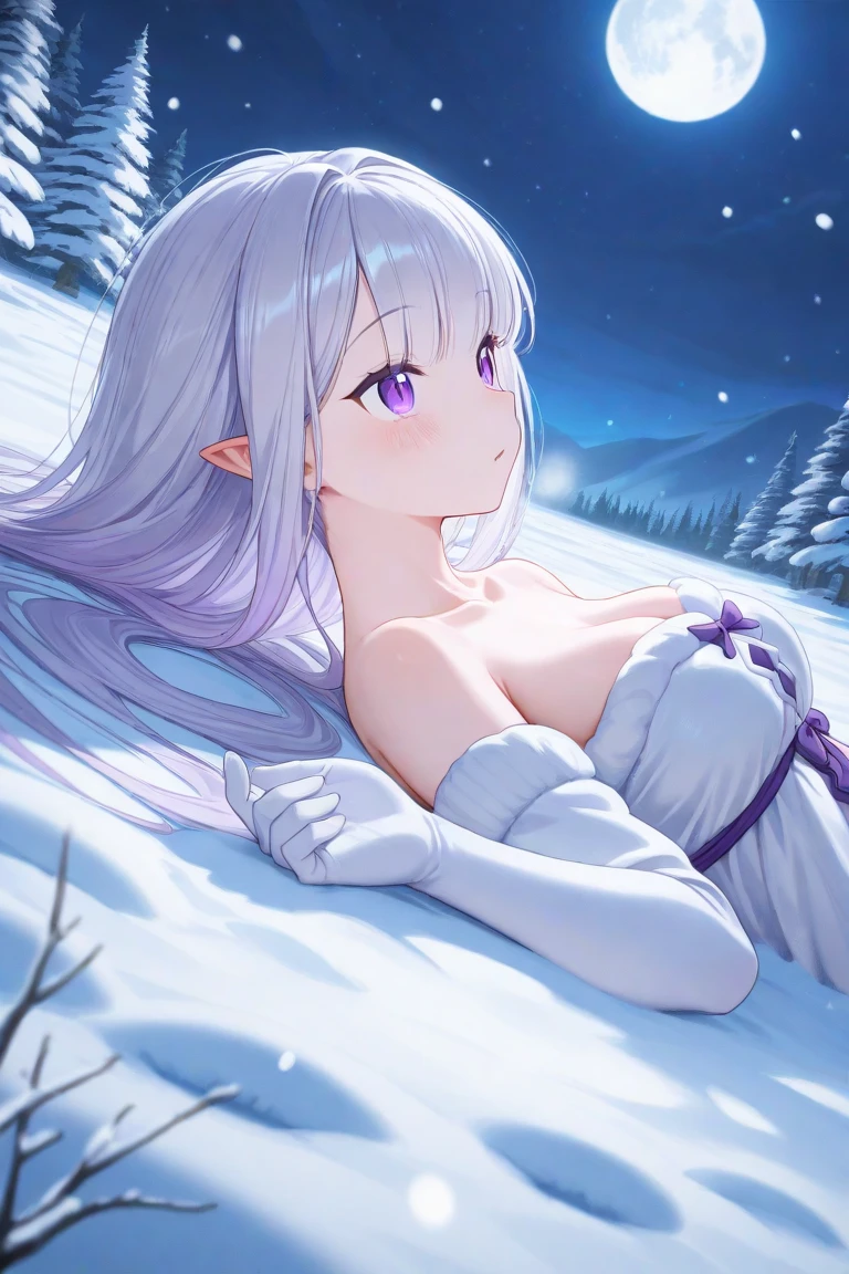 (masterpiece:1.3), (Highest quality:1.1), (8K, Super detailed, ultra high Agains:1.2), ((Anime Style)), Perfect hands, Five perfect fingers,
One girl,
Emilia,
Emilia\(Again:zero\),
Long Hair, low-tied Long Hair, Braiding, crown Braiding,
Gray Hair,
(Purple eyes:1.2), (Beautiful and fine details:1.2),
Pointed Ears,
flower, hair flower, hair ornaments, Hair Ribbon, white flower, x hair ornaments,
(smile:1.3),View your viewers,(Perfect nude)With nipples,Pussy in full view,Perfect light with legs spread while sitting, Outdoor, foAgainst, crystal tAgaines, (snow:1.5), winter,