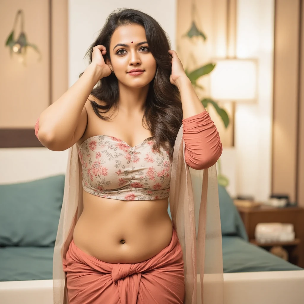55 year old, female, Indian, light brown skin, curly short dark brown hair, bush like black pubic hair, big expressive eyes, light brown pupil, seductive smile, very beautiful face, face showing signs of aging, looking at the viewer, very fat body, big fat belly, big fat thighs, small breasts, transparent white saree, traditional wrapping, no blouse, no bra, no skirt, no panty, standing, beach