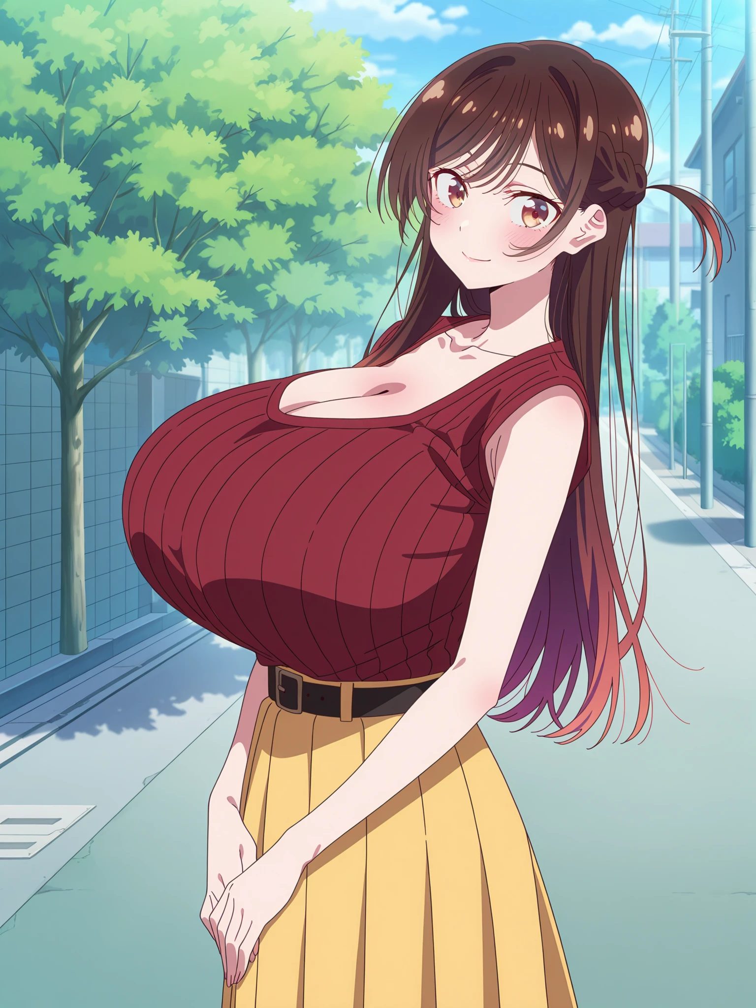 Wife 30 years old，Huge Breasts，Brown wavy hair，earrings，Smile，pedestrian mall，Sun，breeze，Tree shadow，light pink vest，Sexy，noble，red glasses，green eyes