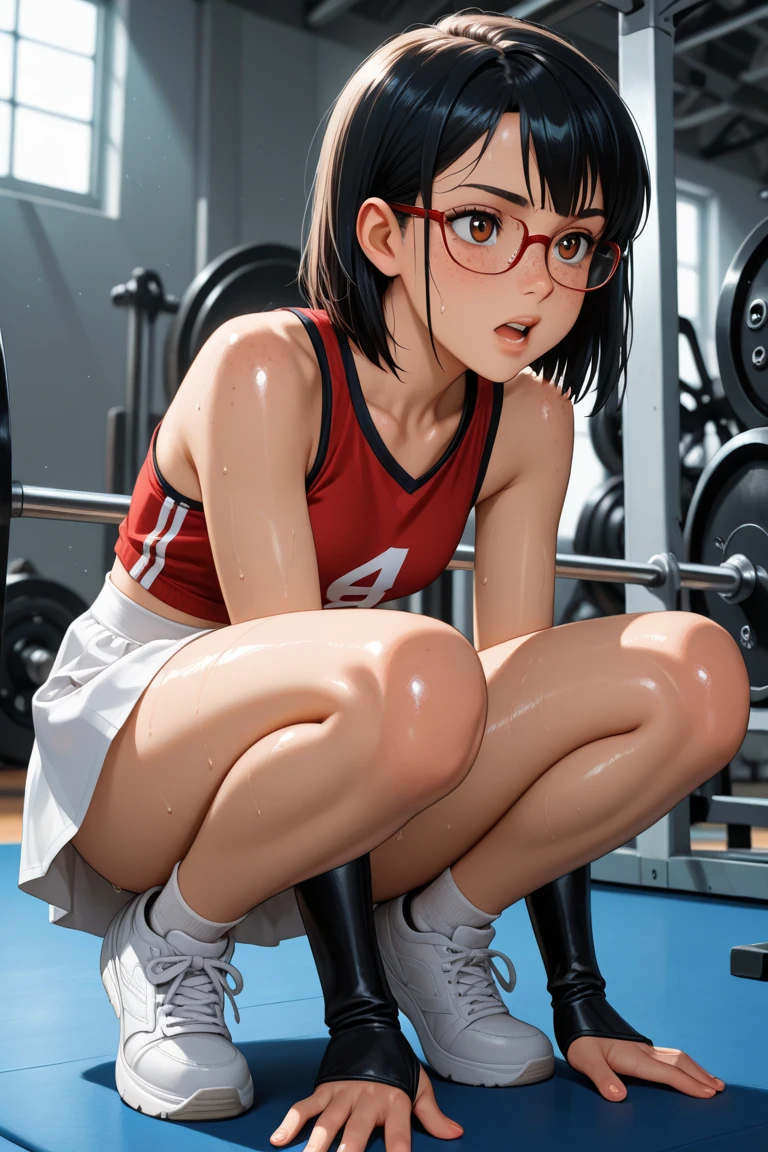 ((NSFW))、Ultra-high resolution、high resolution、Highest quality、Beautiful woman1people、beautiful girl、Short black hair、Thick hair、Slim and model-like、((Goldman Gym))、((training))、((Pink T-shirt))、((Squat))、(((Sweat)))、(((全身Sweatでびしょ濡れ)))、(((Sweat染み)))、(((Body odor)))、(((Love juice)))、(No underwear)、(((pussy)))、White sneakers、White socks