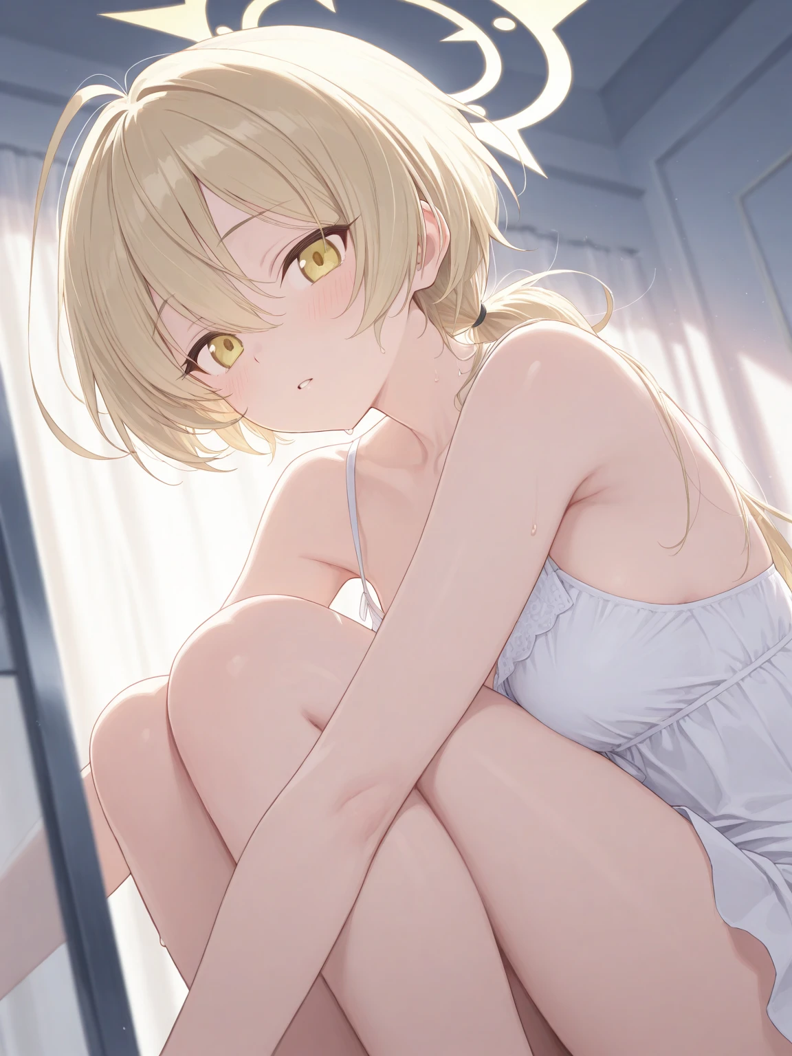 Official Art,Erotically drawn completely naked,Fate Jeanne d'Arc:2.0,Blonde,Full Nude Seduction,Spread your vagina with your fingers:2.0,Sit with your legs apart,bed