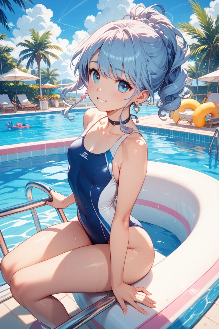 Silver-haired blue eyes、 girl、Small breasts、Twin tails、Laughter、Nico Nico Smile、Wink、 girl、Looks about 、Petan Musume、short、There are highlights on the eyes、Coming to the pool、Wear a cute swimsuit、sexy、Armpits are visible、There are lots of toys、There is a slider