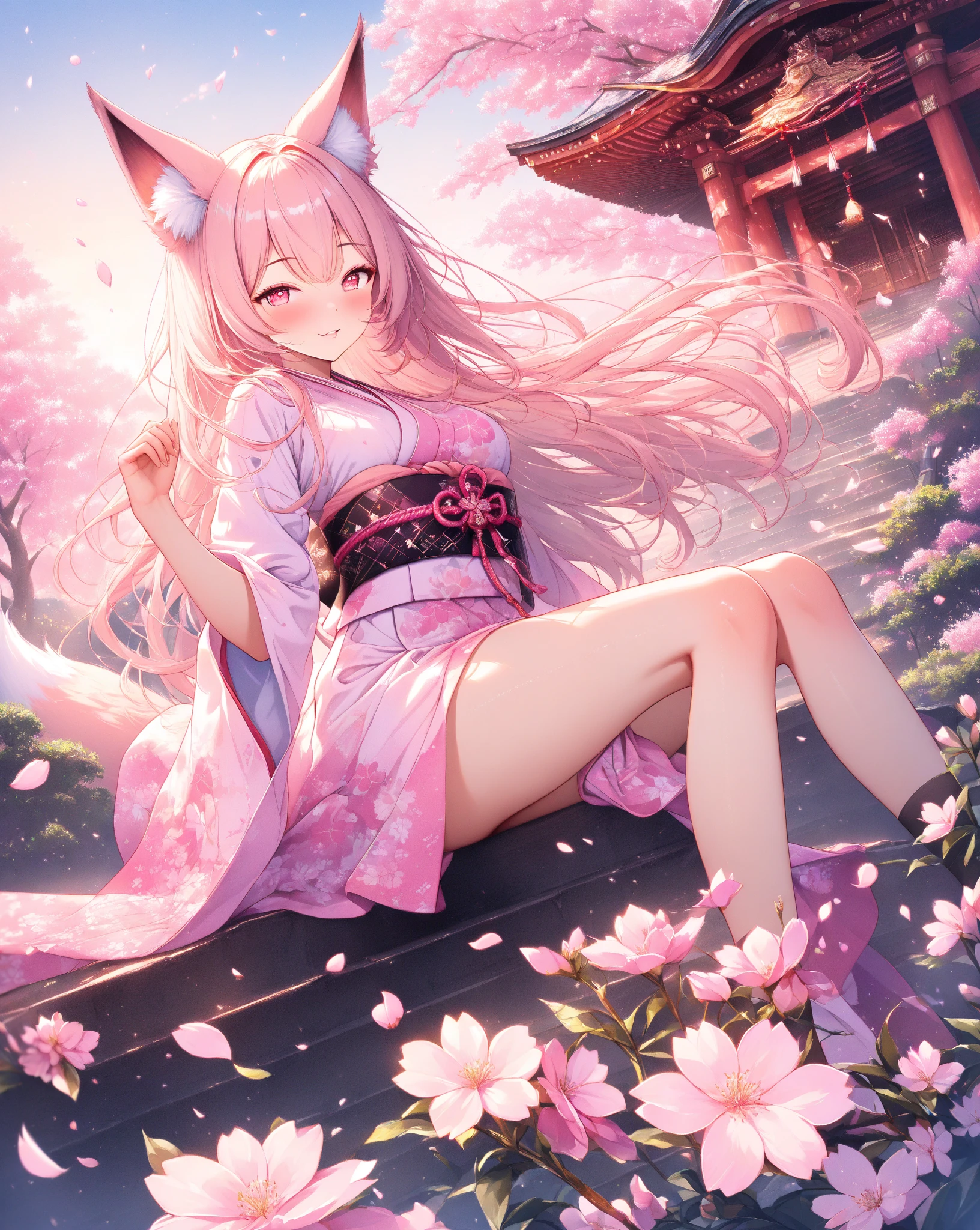 female high-school student,shrine maiden clothe,Long legs,A pink-haired,Kneeling ,Cherry blossoms in the background,clogs,Bare chest,hyper HD,Highest high resolution,The kinky is exposed
