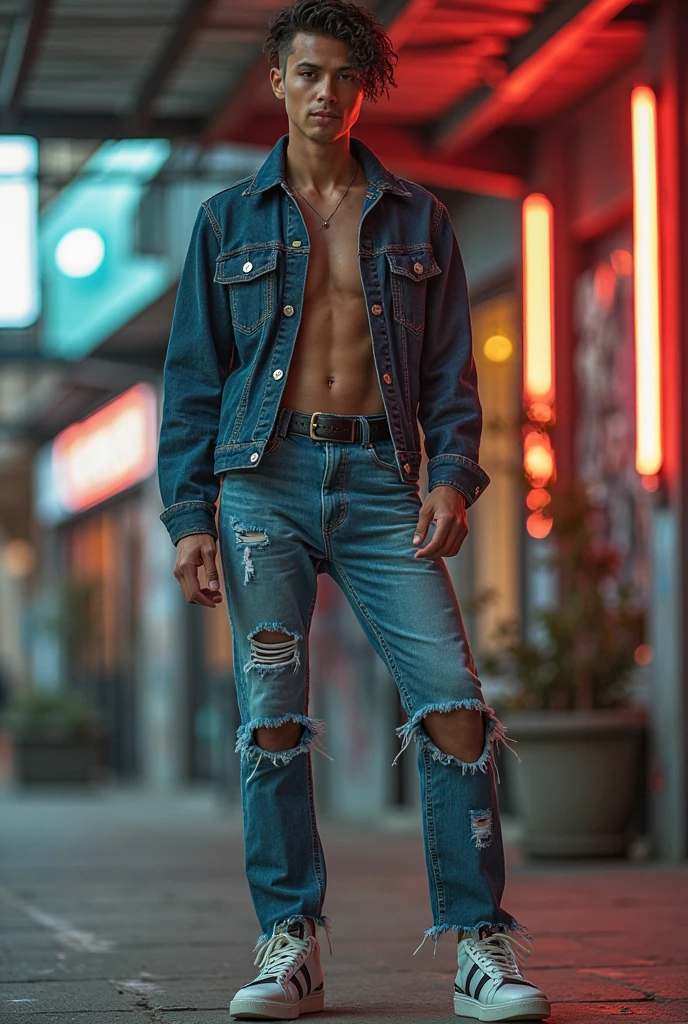 a lean, skinny, 20-year-old shirtless, black hair, Caucasian male wearing jeans, walking on the sidewalk, confident, head to waist shot only