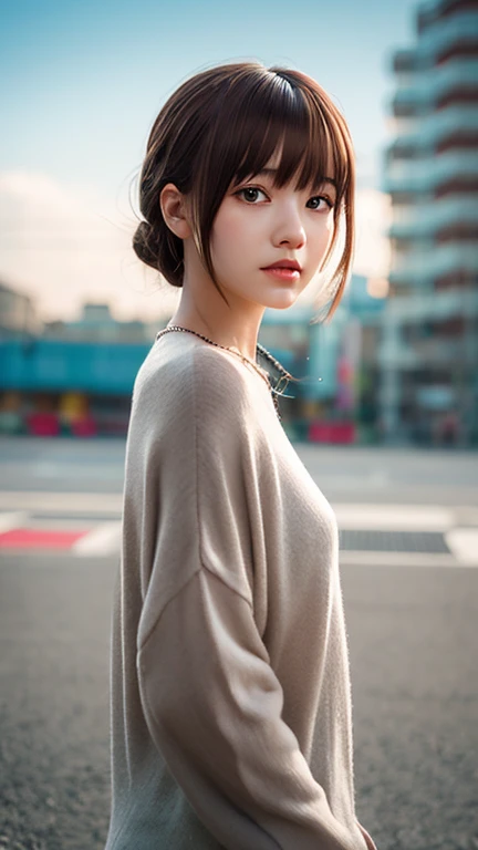 A cute 30-year-old Japanese woman with slightly longer-than-shoulder-length hair, posing like a model. She has a voluptuous figure with large breasts and is wearing a suit. Her appearance is photo-realistic, with soft and delicate facial features. Her face is beautifully lit with an intricate play of light and shadow, in warm and natural lighting. The background is detailed, without any blur, depicting an urban or natural setting. The style is high-quality and ultra-realistic, with a subtle yet expressive mood, capturing the beauty of natural candid photography.
