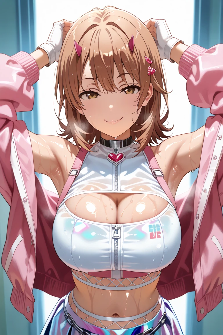 Detailed female genitalia. exposed boob. Big breast. Spread legs. Upper body standing. ((pink Mini heart pasties)). Erect nipples. ((get blush)), (black-red lingerie panties), Pubic tattoo, horse ears, selfie, Pubic hair, Used condom hold in mouth, ((Open your pussy with the fingers of both hands)),