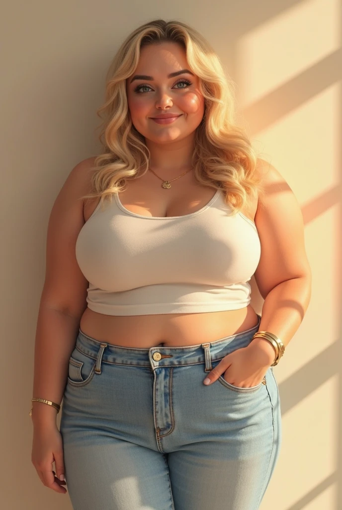 Femme, femme mature, blonde, cheveux longs et raides, yeux bleus, peau blanche, gros seins, seins énormes, gros cul, portant un haut court blanc, un jean