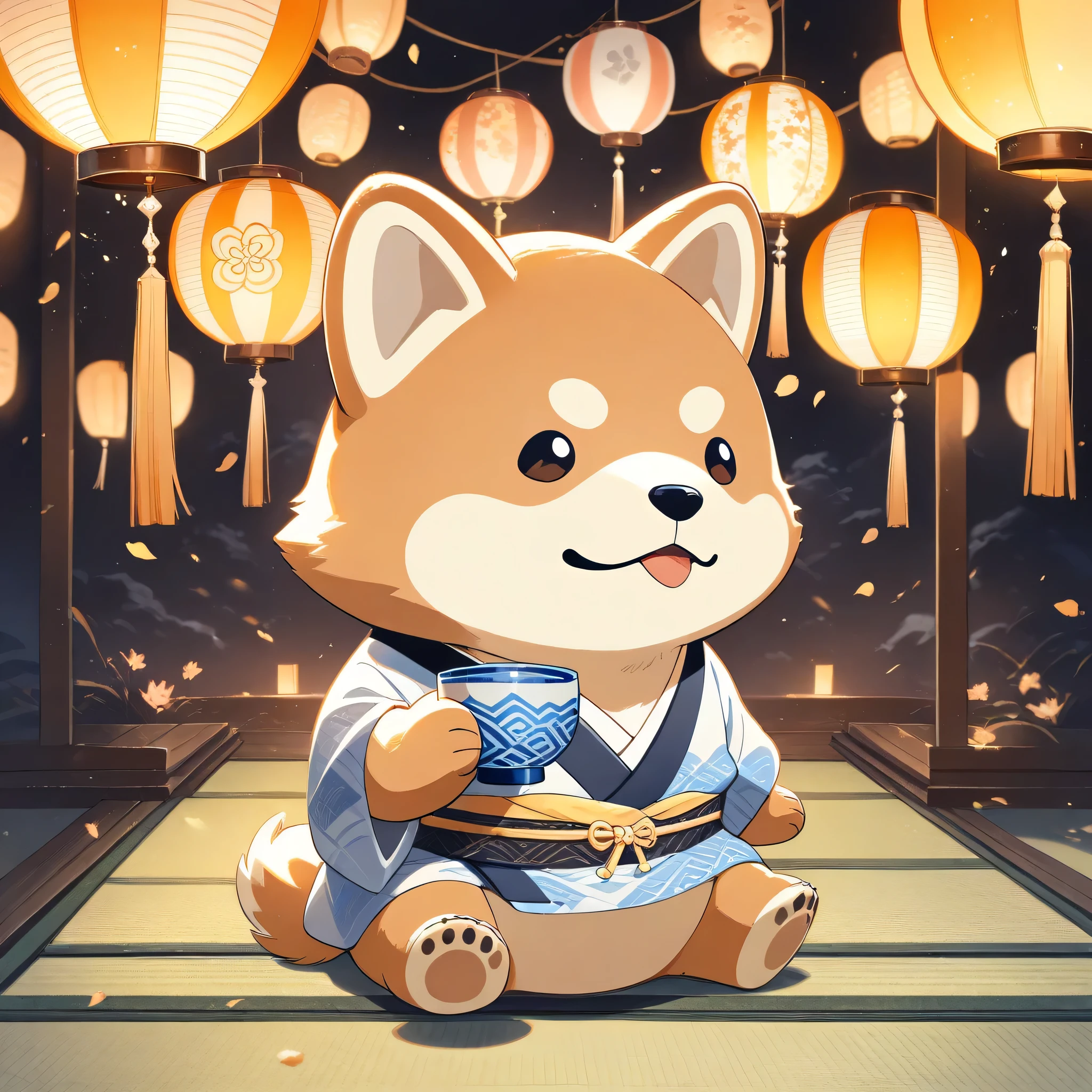 (masterpiece, best quality, ultra-detailed), an anthropomorphic Shiba Inu (stylized, semi-human), rounded face, small black puppy-like eyes, short light brown fur with white markings, symmetrical forward-facing ears, no bangs, no human hairstyle. Wearing a traditional Japanese kimono with subtle floral or geometric patterns (asanoha or seigaiha). Sitting while holding a sake cup, lively traditional Japanese banquet scene with lanterns and tatami, cheerful and joyful expression, soft anime style, warm indoor lighting (lantern glow), friendly and loyal mood. Full body, 1:1 aspect ratio.
