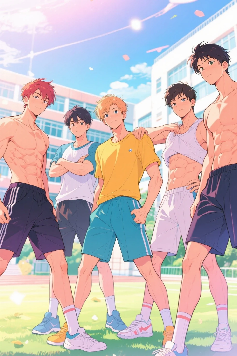 Football field,football uniform,loincloth,sons,nakedness,Chico,younge Chico,erect penis,Phimosis, face,childhood,Early age,short and round face,flat chin,childhood,(child face),spread your legs,belly hair,Chest hair,black pubic hair,Early age,flat chin,Finely detailed face,well muscled,orange short hair,bright hair,white eyes,Keep your eyes wide open,nakedness,Abdominal pectoral muscles,Strong and well developed muscles.,bright,bright and vivid colors,(Depth of fields:1.2),Positive audience,spread your legs,