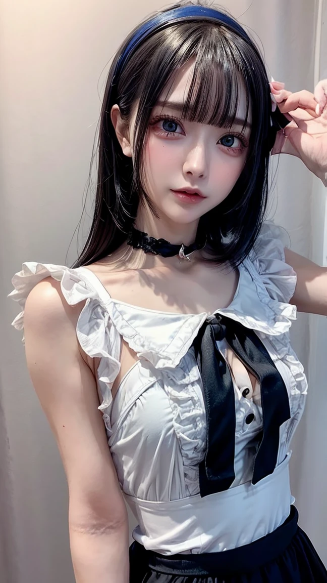 1girl, looking at viewer, off shoulder, Big breasts, Exposed cleavage, blue Eyes, sharp face, sharp eyes, long bangs, nsfw, Dark background, perfect glossy shiny skins, pony tail, White opaque shirt and bow tie、bright red pleated skirt, wet,