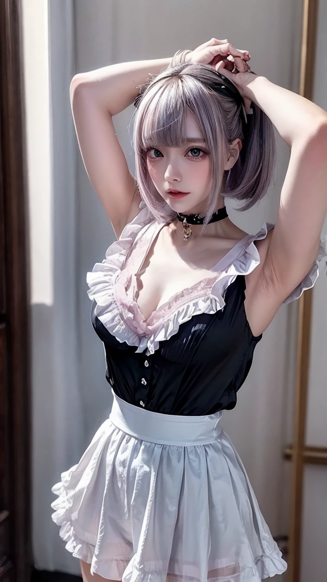 (8K, top-quality, masterpiece:1,2), (reallistic, Photorealsitic:1.37), Super Detail, One girl,), (Highly detailed), (beautifully detailed eyes), (of the highest quality), (super detailed ), (masterpiece), (Detailed face),20yr old, ,1 girl, ((pink hair,Very short hair)), medium breasts, clothed, Perfect Lighting, BREAK (black lace apron:1.3), (white bodysuit:1.4), tight and sexy silhouette, (white frills and ribbons:1.2), collar, gloves, (white knee socks:1.2), (black high heels:1.3), (white headband:1.2), earrings, BREAK bangs cover right eye, earrings, smile:1.5, point gun at camera, left hand on hip, shoulders back, emphasize chest, (bright mansion:1.2), sunlight from window, paintings and decorations on wall, carpet and furniture on floor, (sunlight on face and chest:1.3), sparks from gun muzzle, light reflects on earrings and frills