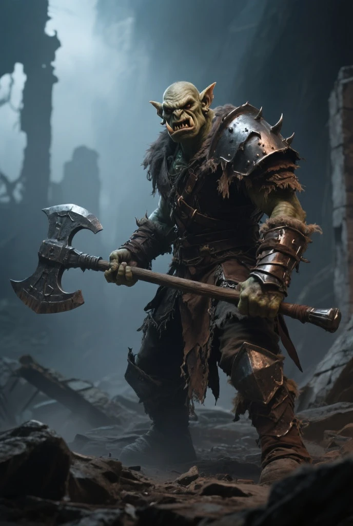 Orc, fantasy, strong with axe, profil, blood, ultra réaliste, des gros crocs, sanglier