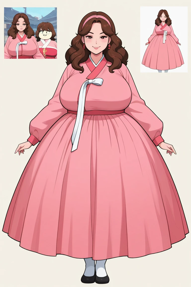 Create an image of Bae noona after a stuffing full of food.  big sister babe- Dressed in a hanbok, oppai proportions, ecchi anime style, she has a jiggly fat round belly, the belly should be stuffed full of food, fullbody commission for, bbwchan, thicc, real life big mom, anime character reference sheet, ecchi style, exaggerated body features, use the image to create a picture of bae stuffed with food