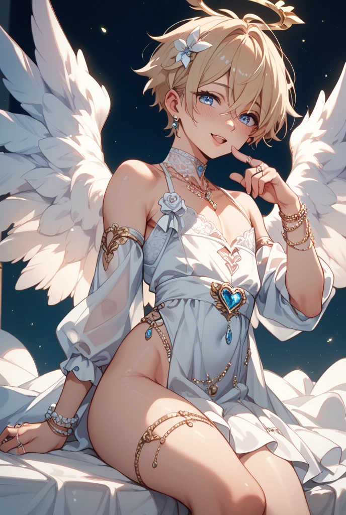 (((1girl))), ((best quality)), ((masterpiece)), ((ultra-detailed)), (illustration), (detailed light), (an extremely delicate and beautiful), (beautiful detailed eyes), (sunlight), ((extremely light)),
((((elegant and adorable angelic wedding dress)))),
school girl,
wavy short manish bob, (((yellow gold hair))), (((short hair))),
(((deep red eyes))),
(((angelic clothes))), (((((angel wings))))), (((angel halo))),
((whole body)), aged 14 to 17,
diamond, beautiful, ((extra elegant)), (((condescending expression))), (sexually mischievous smile), (((extra adorable))), (((extra slender shape))),
(((((sitting on her knees on the magic circle))))),
((((exposed white and pearl whity gold panties)))), (((extraordinarily thin thighs)))
